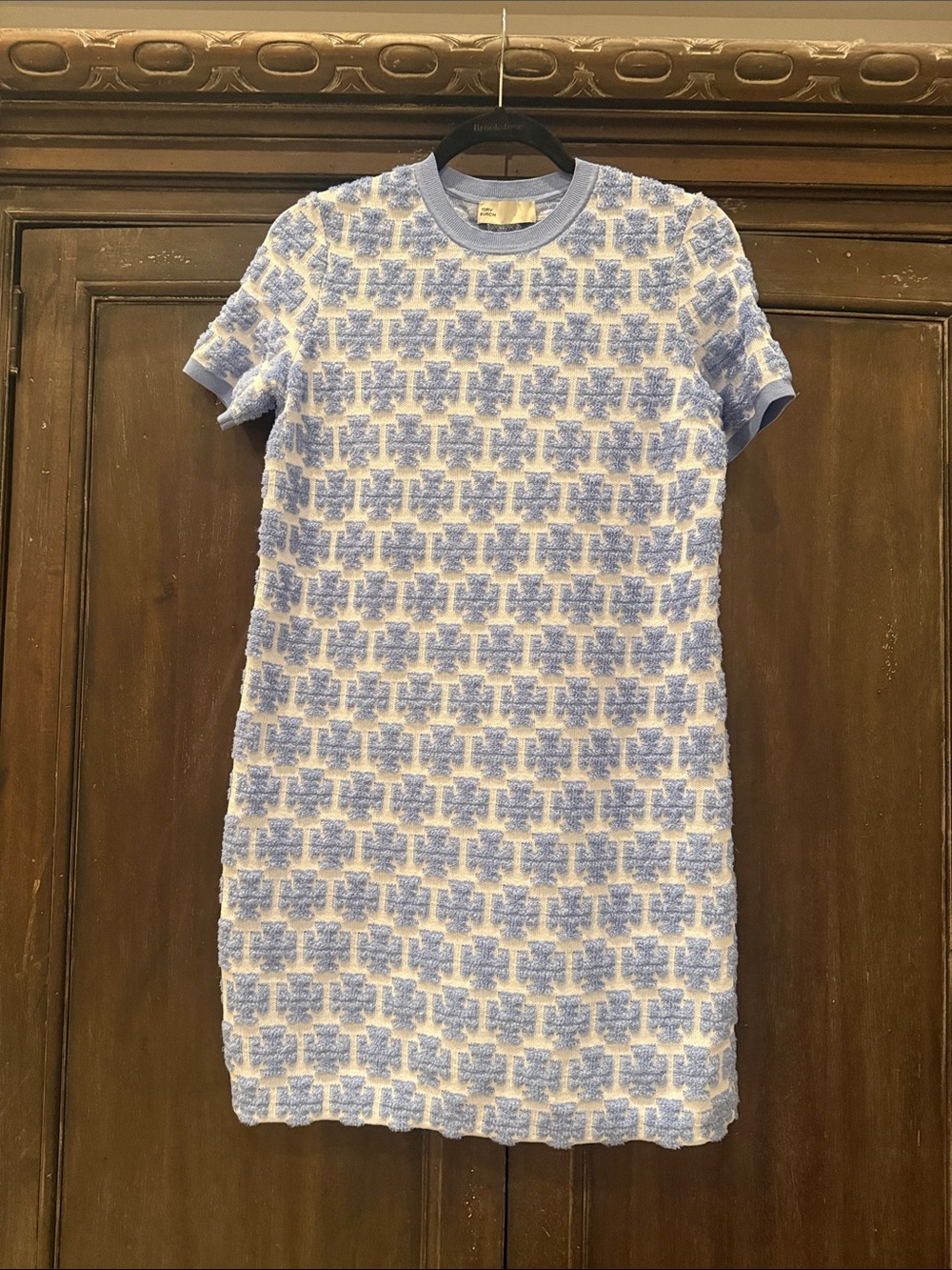 Tory Burch Blue and White Textured Short-Sleeve Shift Dress